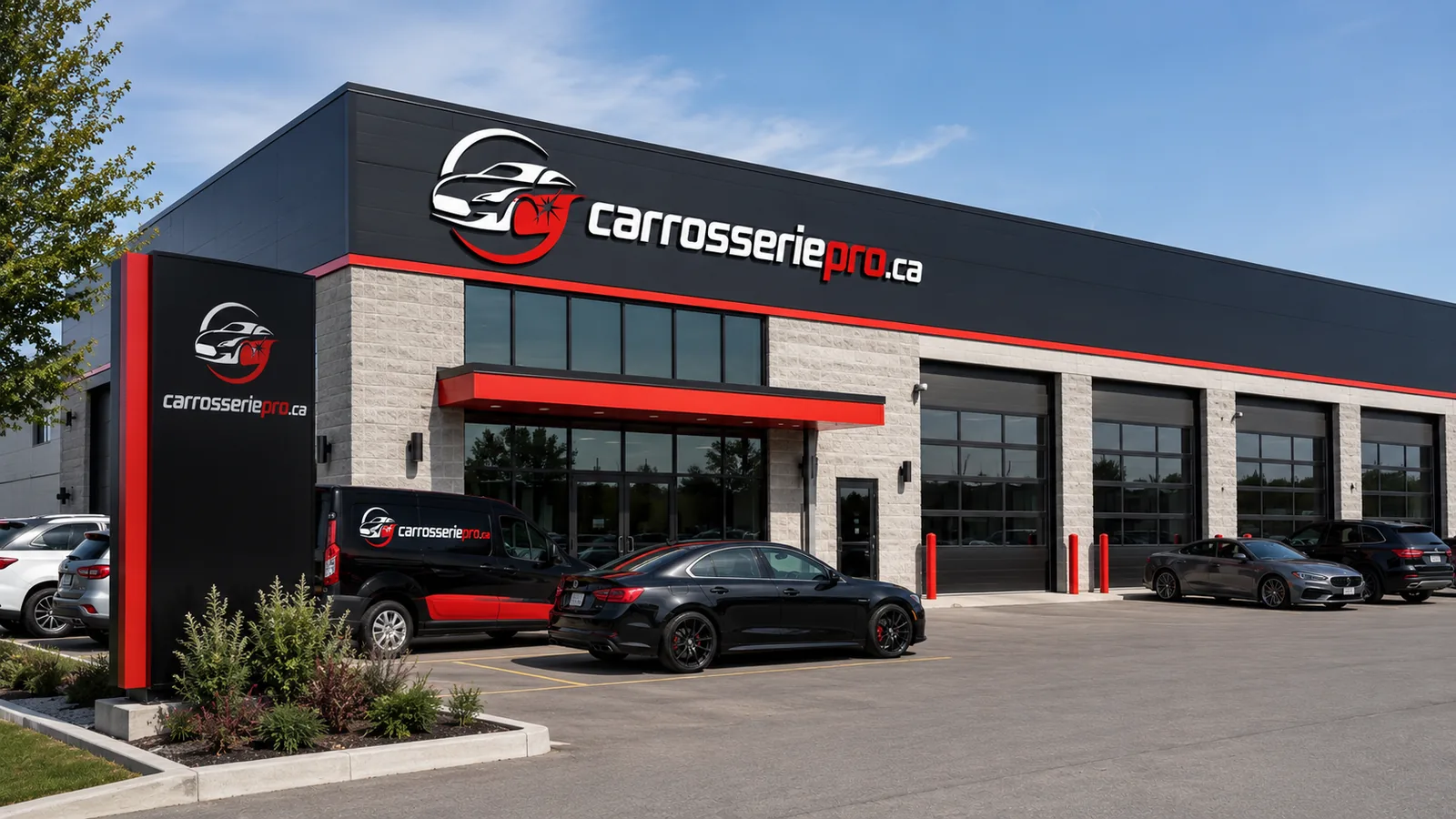 Façade d'un atelier de carrosserie avec portes de garage et stationnement
